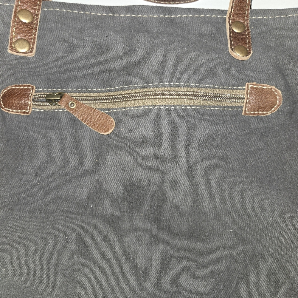 MYRA Bicycle Print Canvas/ Leather Tote Bag S-0935 18" X 13"  12"handles - Picture 8 of 15